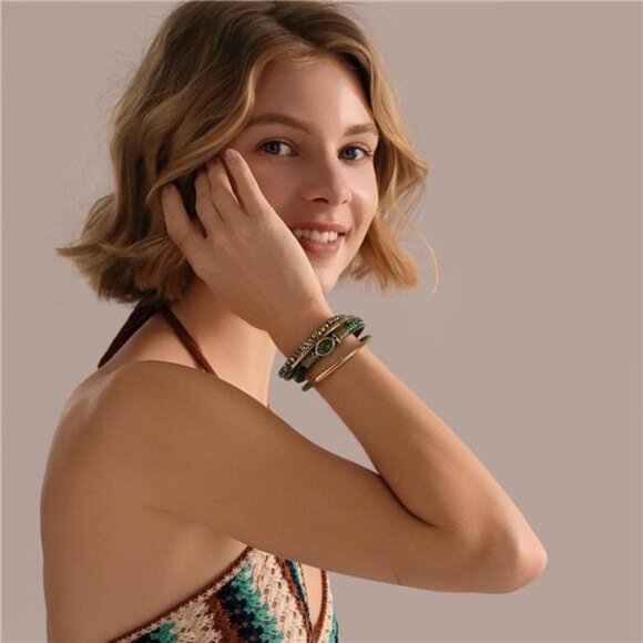 Green Leather Wrap Bracelet Crystal Beads Boho Stone Cuff Charm Jewelry Women - Picture 3 of 7